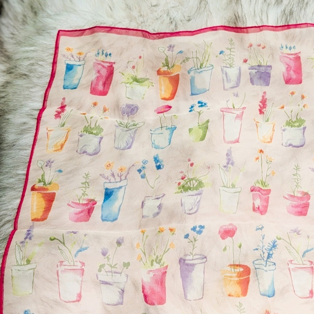 Vintage Echo Silk Head & Neck Scarf Potted Flowers Hot Pink Border - Picture 4 of 7
